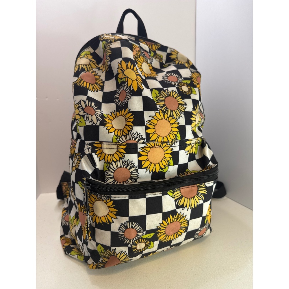 Checkerboard Sunflower Backpack Black White Floral School Bag with Laptop Sleeve